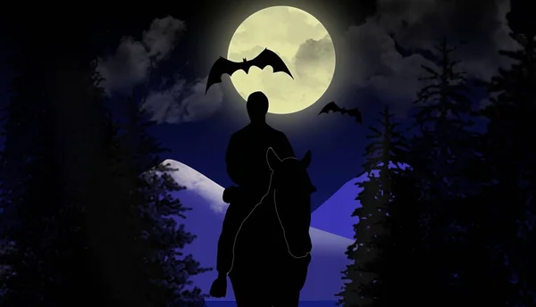 Картина Черного Всадника Ночном Лесу — стоковое фото