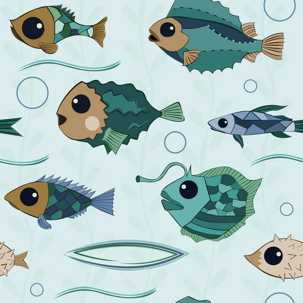 Peces de dibujos animados con grandes ojos y escamas de mosaico — Vector de stock