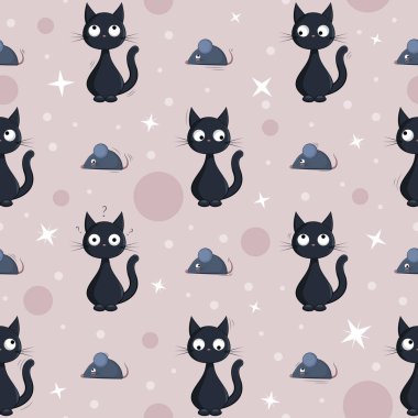 Tatlı çizgi film karakterleri, siyah kediler ve farelerle kusursuz bir arkaplan.