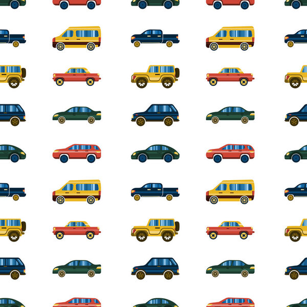 seamless background of cartoon cars in flat style, side view