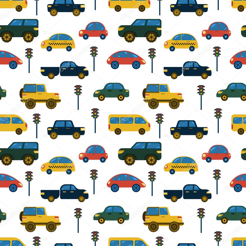 Pattern with stylized child's drawing of vehicles