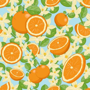 Portakallardan, dilimlerden, parçalardan, çiçeklerden, turuncu yapraklardan ve dallardan oluşan taze tropikal meyve..