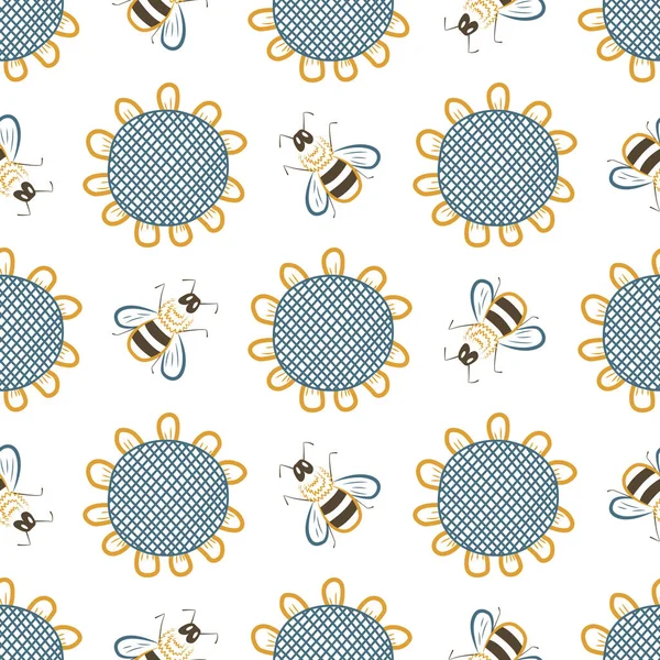 ひまわりやミツバチの手描きのカラフルなシルエットとシームレスなベクトル背景 フラット農村壁紙 — ストックベクタ