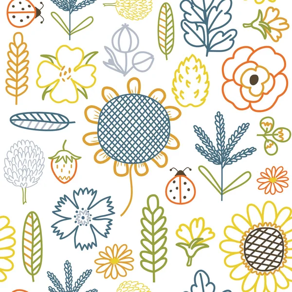 野花和草本植物色彩斑斓的轮廓 天衣无缝的病媒背景 有扁平的向日葵 芥末花和其他农业及草场植物 — 图库矢量图片