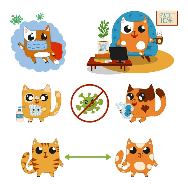 Cute Cartoon Domestic Pets Cats Virus Coronavirus Covid Funny Cats — Stock Vector