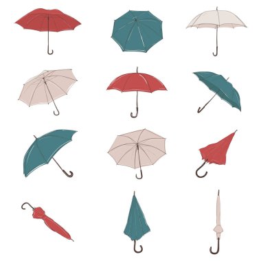 Robot resim tarzında farklı açılardan çizilmiş el yapımı şemsiye koleksiyonu. Renkli şemsiyeler ayarlandı.