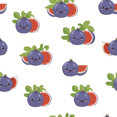 Şirin kawaii emoji meyveleri, farklı yüz ifadeleri, yapraklar, parçalar ve incir dilimleriyle kusursuz vektör arkaplanı. Çizgi film incirleri gülümser, güler, göz kırpar.
