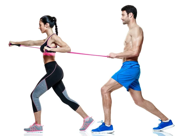 Homem casal e mulher exercícios de fitness isolados — Fotografia de Stock
