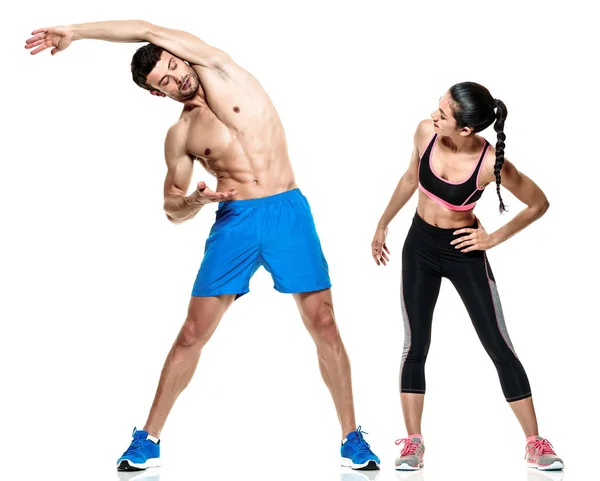 Paar Fitnessübungen für Mann und Frau isoliert lizenzfreie Stockbilder