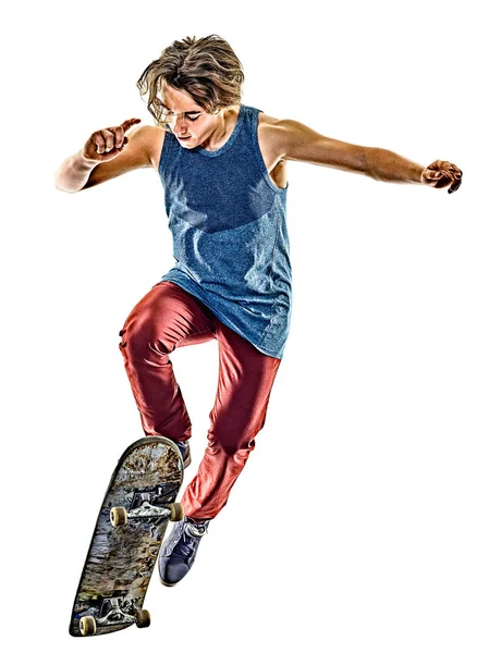 Skater młody nastolatek mężczyzna na białym tle — Zdjęcie stockowe