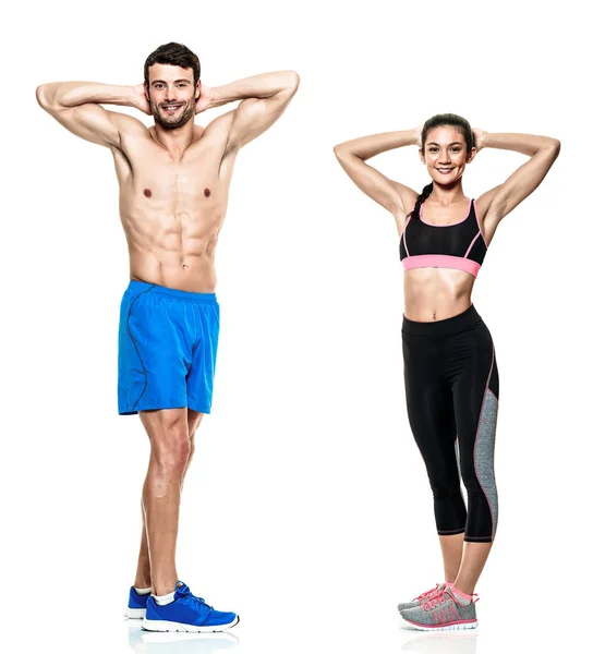 Couple man and woman fitness exercises isolated — Stock Photo, Image