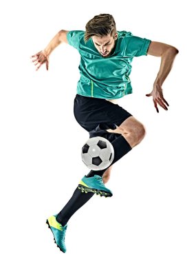 Futbol oyuncu adam izole jungling beyaz arka plan