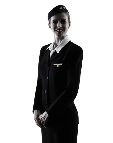 Stewardess légiutas-kísérő személyzet nő állandó elszigetelt sziluett — Stock Fotó