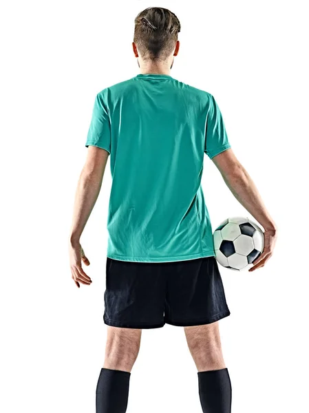 Один футболист человек стоит изолированный белый фон — стоковое фото