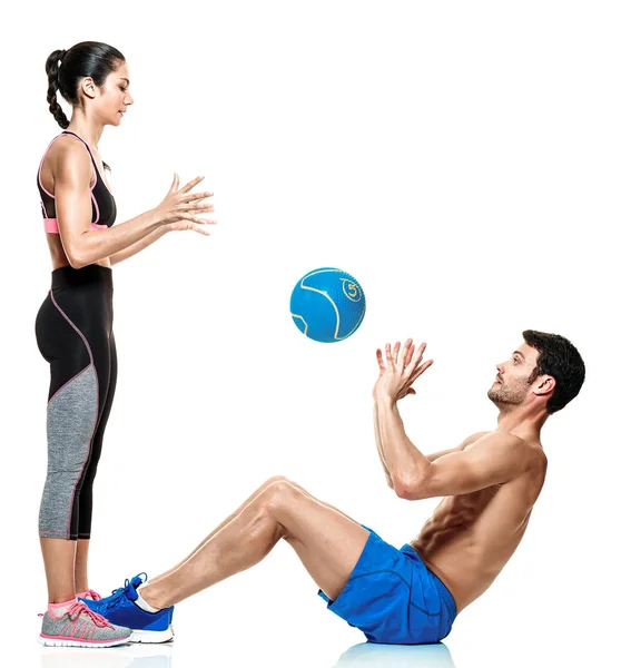 Couple man and woman fitness exercises isolated — Stock Photo, Image