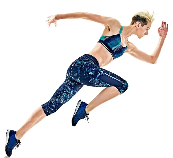 Beyaz arka plan jogging jogging yapan çalışan kadın runner izole — Stok fotoğraf