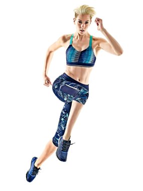 Beyaz arka plan jogging jogging yapan çalışan kadın runner izole