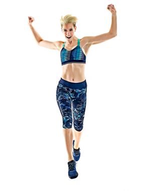 Beyaz arka plan jogging jogging yapan çalışan kadın runner izole