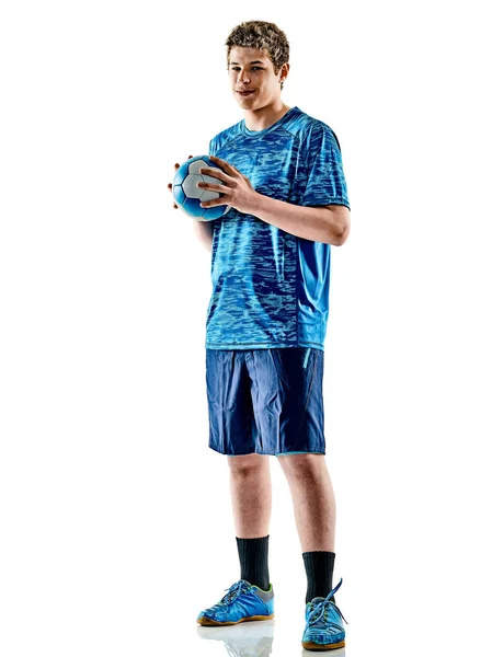 Piłka ręczna chłopca nastolatek gracza na białym tle — Zdjęcie stockowe