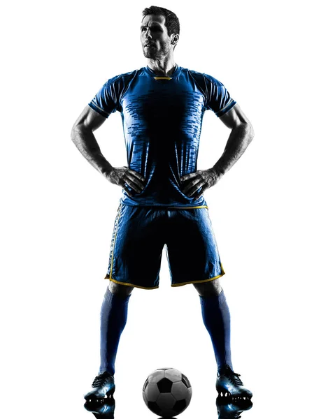 Ποδόσφαιρο παίκτης ο άνθρωπος στέκεται σιλουέτα απομονωμένες — Φωτογραφία Αρχείου