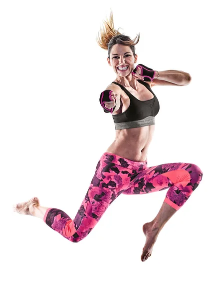 Mujer fitness boxeo pilates ejercicios aislados — Foto de Stock