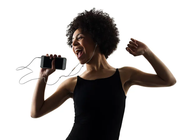 Jovem adolescente menina mulher feliz dançarina dançando ouvir música i — Fotografia de Stock