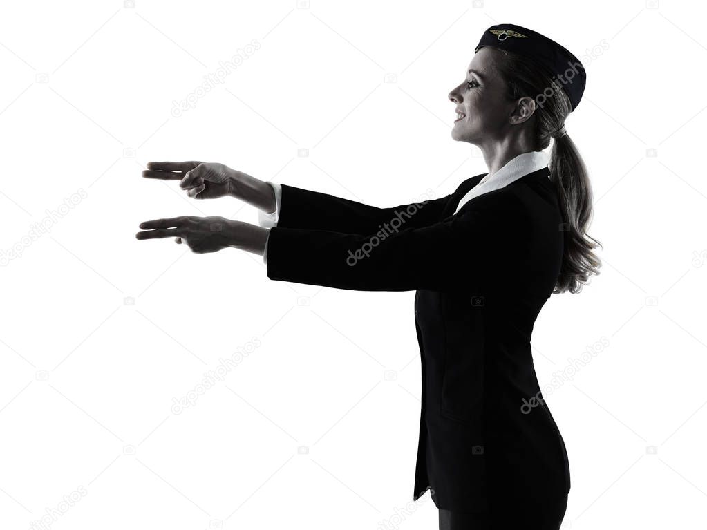 Stewardess cabin crew woman pointing showing isolated silhouette