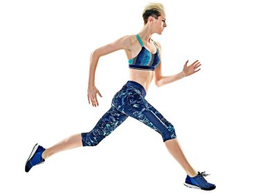 Beyaz arka plan jogging jogging yapan çalışan kadın runner izole