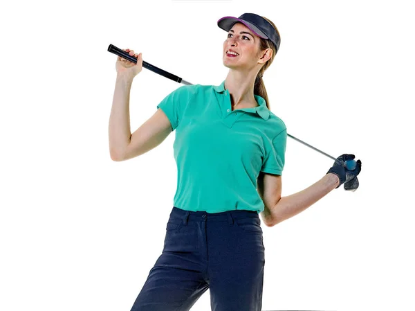 Golfista kobieta gra w golfa na białym tle — Zdjęcie stockowe