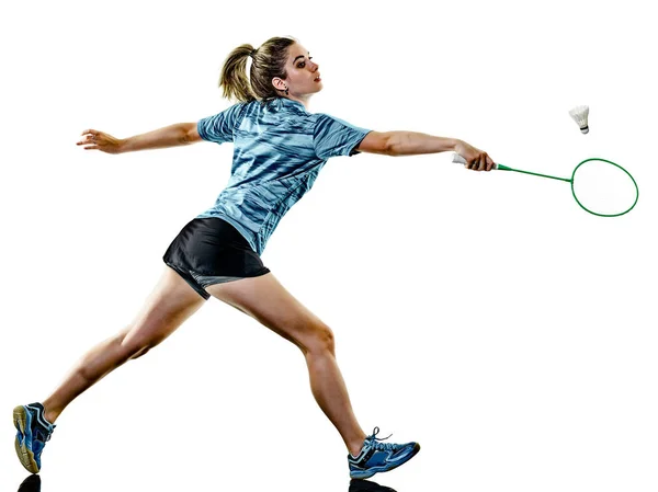 Jovem adolescente mulher Badminton jogador isolado — Fotografia de Stock