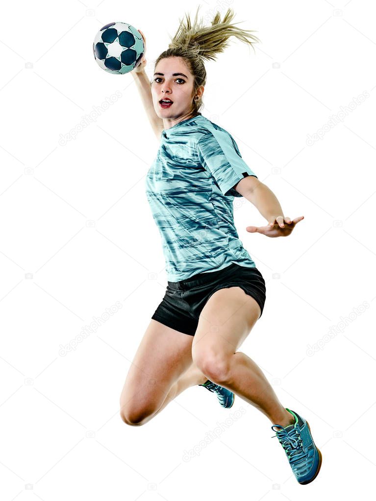 young teenager girl woman Handball player isolated