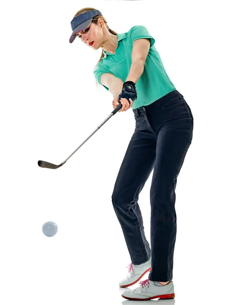 女子高尔夫球手打高尔夫球孤立 — 图库照片