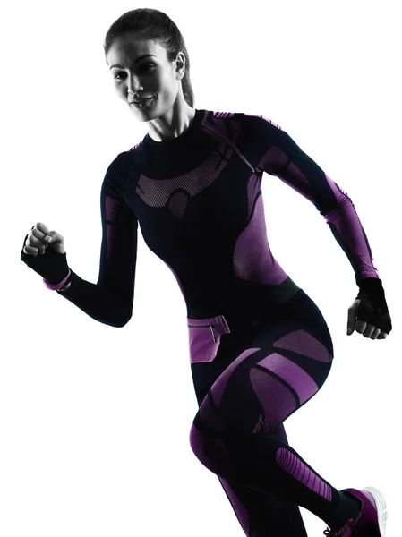 Жінка біжить бігун біжить бігом ізольована тінь силуету — стокове фото