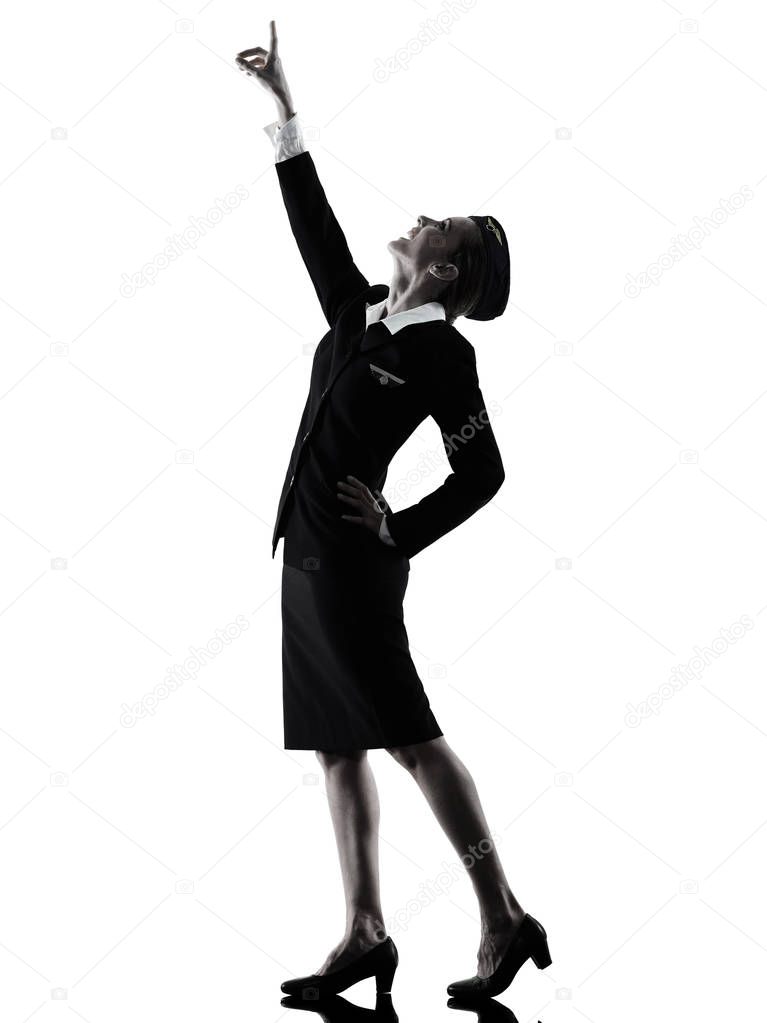 Stewardess cabin crew woman pointing showing isolated silhouette