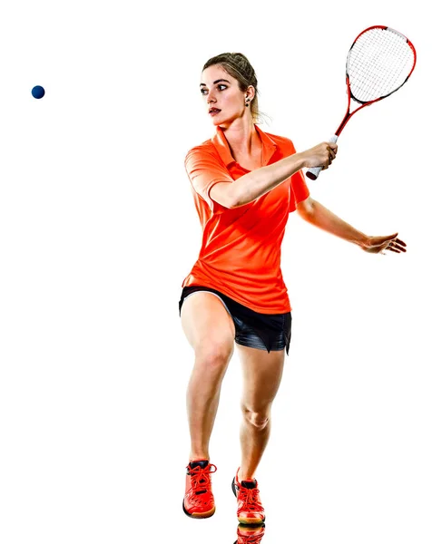 Młody nastolatek dziewczyna kobieta Squash gracza na białym tle — Zdjęcie stockowe