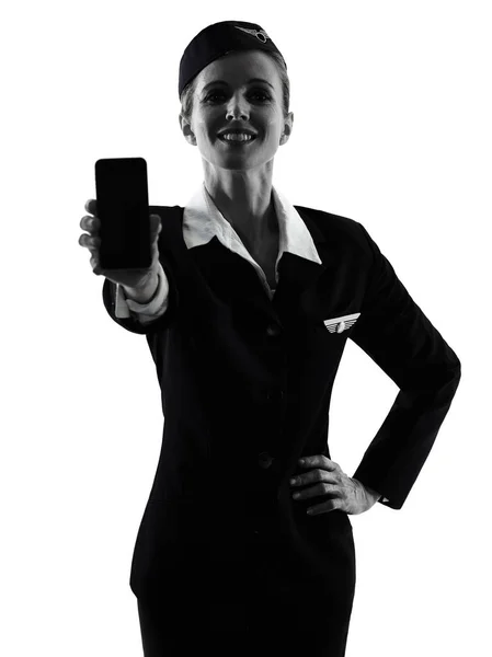 Stewardess Flugbegleiterin am Telefon isolierte Silhouette — Stockfoto