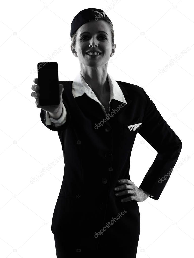 Stewardess cabin crew woman on the phone isolated silhouette