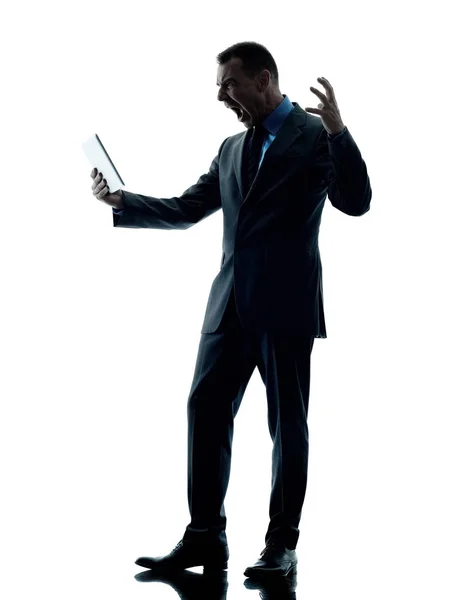 Business man angry digital tablet  isolated — Stock Photo, Image