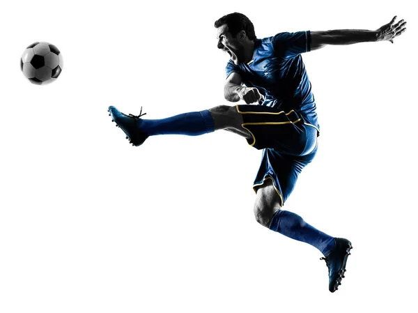 Jogador de futebol homem chutando silhueta isolado — Fotografia de Stock