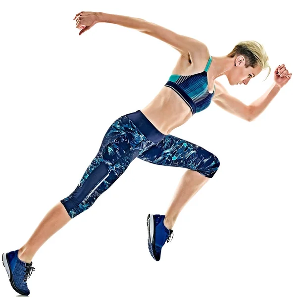 Beyaz arka plan jogging jogging yapan çalışan kadın runner izole — Stok fotoğraf