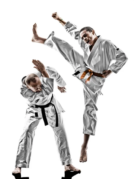 Karate men teenager student fighters fighting — Stock Photo, Image