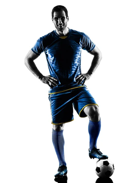 Jogador de futebol homem em pé silhueta sorridente isolado — Fotografia de Stock