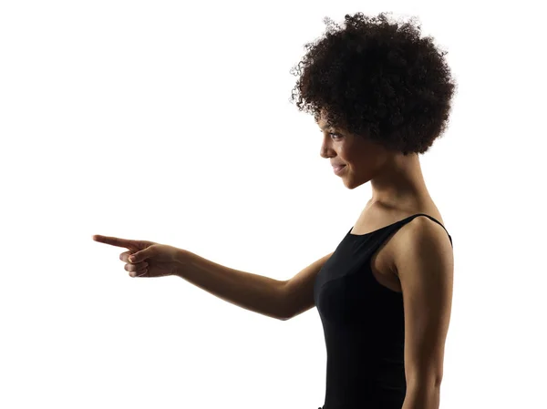 Młody nastolatek dziewczyna Kobieta wskazując sylwetka cienia na białym tle — Zdjęcie stockowe