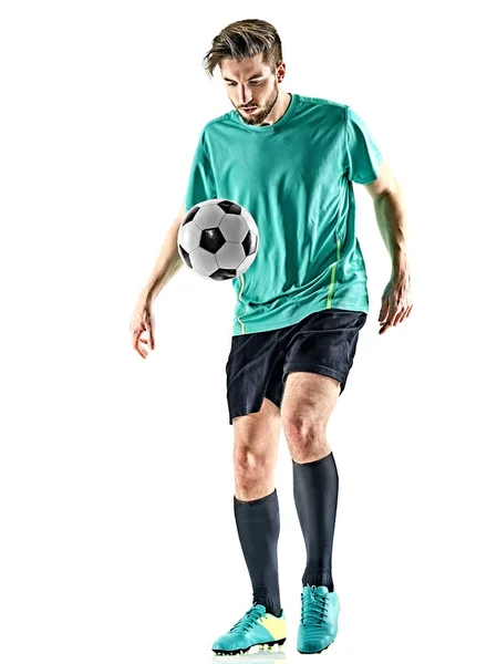 Ποδόσφαιρο παίκτης άνδρας απομονώνεται το Καταβρόχθισμα λευκό φόντο — Φωτογραφία Αρχείου
