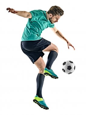 Futbol oyuncu adam izole jungling beyaz arka plan