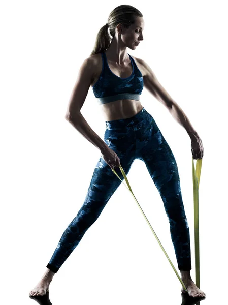 Donna fitness elastico esercizi silhouette — Foto Stock