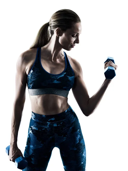Vrouw fitness gewichten oefeningen silhouet — Stockfoto
