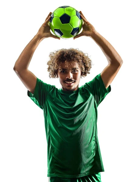 Genç genç futbol oyuncu adam siluet izole — Stok fotoğraf