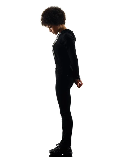 Młody nastolatek dziewczyna kobieta stojąc smutku cień sylwetka iso — Zdjęcie stockowe