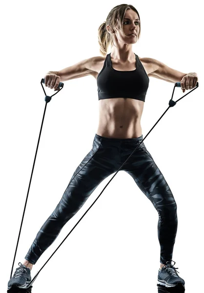 Kvinna pilates fitness resistenta elastiska band utövar silhouett — Stockfoto